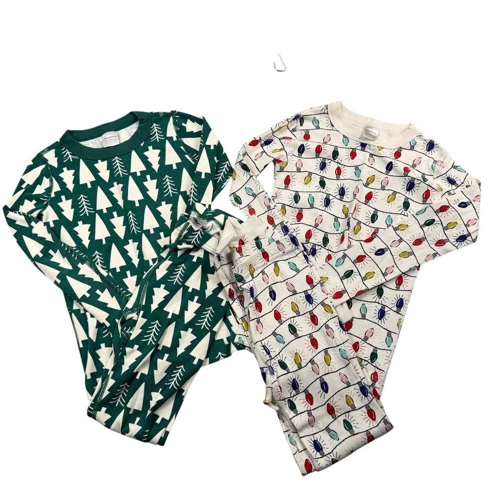 Hanna Andersson Pajamas Kids 10 Green Cream Christmas Trees Holiday Lights 2pk